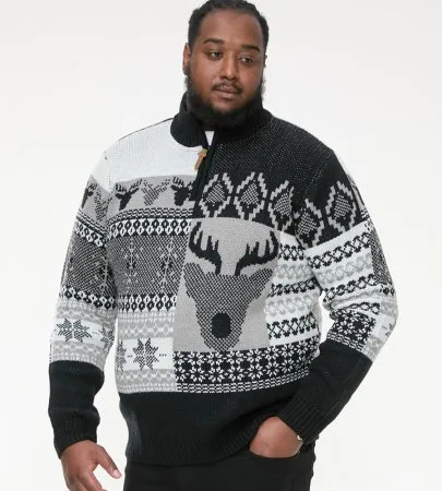 Duke Direct D555 Big Mens Christmas Jumper With 1 4 Zip and Stag Desig